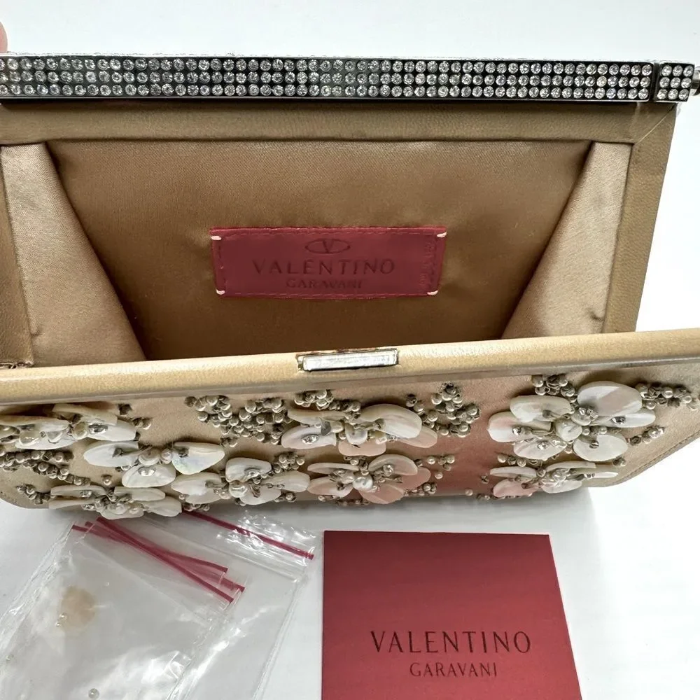Auth Valentino Silk Floral Embroidered Crystal Framed Clutch Chain Evening Bag